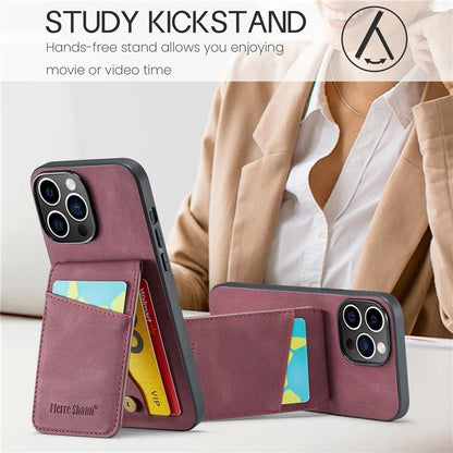 FIERRE SHANN For iPhone 15 Pro Cover Card Slots PU Leather+TPU Phone Kickstand Case