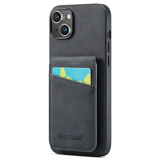 FIERRE SHANN For iPhone 15 Plus Cover RFID Blocking Card Holder PU Leather+TPU Phone Case