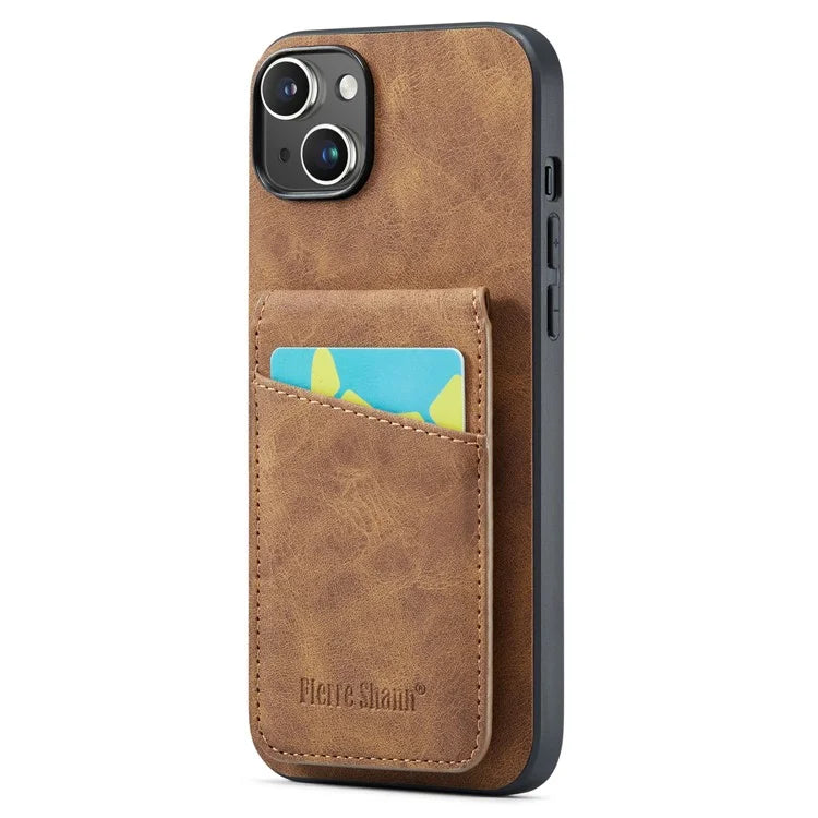 FIERRE SHANN For iPhone 15 Plus Cover RFID Blocking Card Holder PU Leather+TPU Phone Case