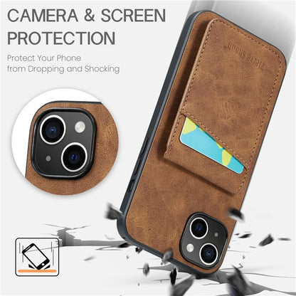 FIERRE SHANN For iPhone 15 Plus Cover RFID Blocking Card Holder PU Leather+TPU Phone Case