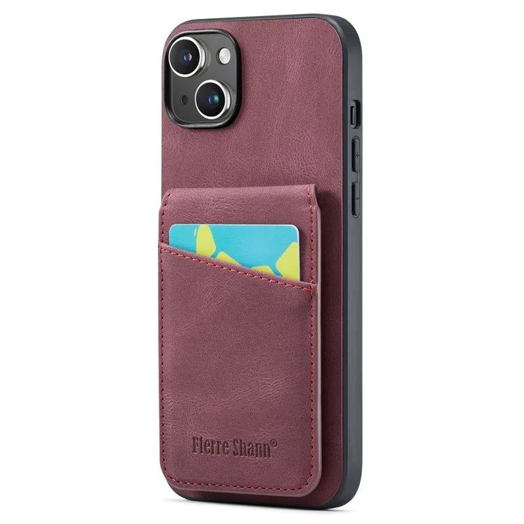 FIERRE SHANN For iPhone 15 Plus Cover RFID Blocking Card Holder PU Leather+TPU Phone Case