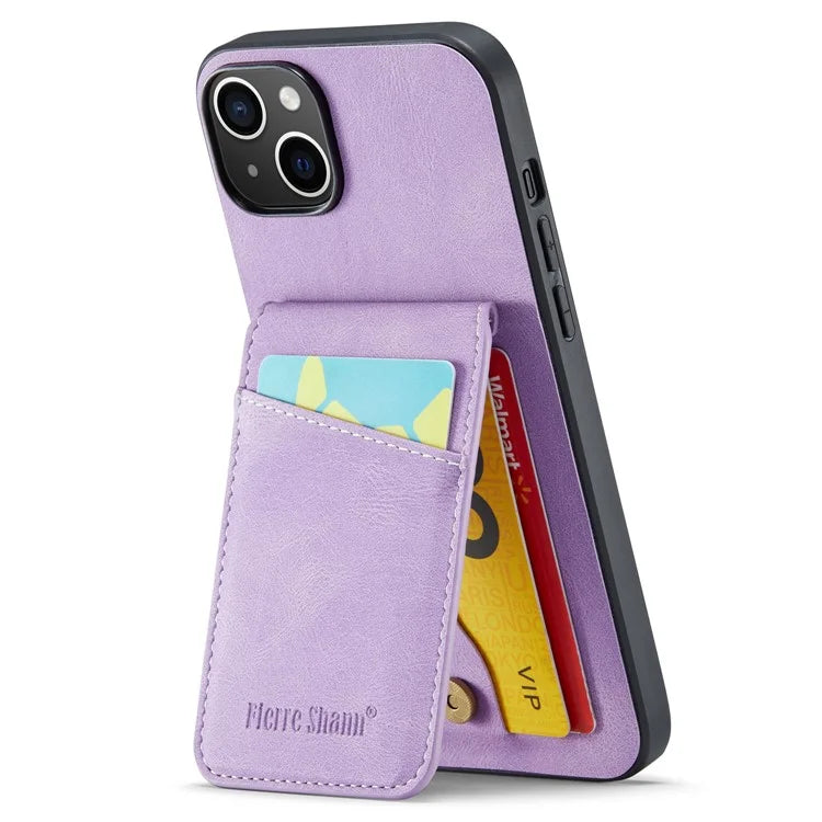 FIERRE SHANN For iPhone 15 Plus Cover RFID Blocking Card Holder PU Leather+TPU Phone Case