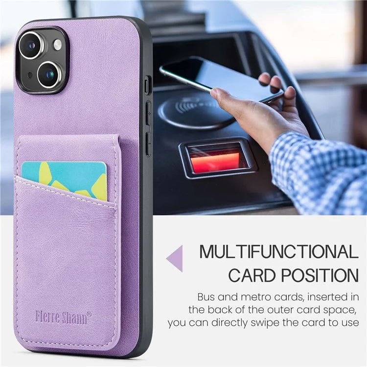 FIERRE SHANN For iPhone 15 Plus Cover RFID Blocking Card Holder PU Leather+TPU Phone Case