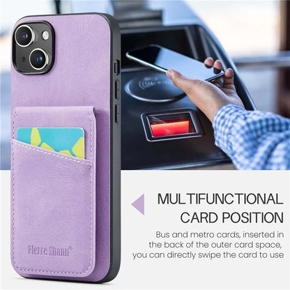 FIERRE SHANN For iPhone 15 Plus Cover RFID Blocking Card Holder PU Leather+TPU Phone Case