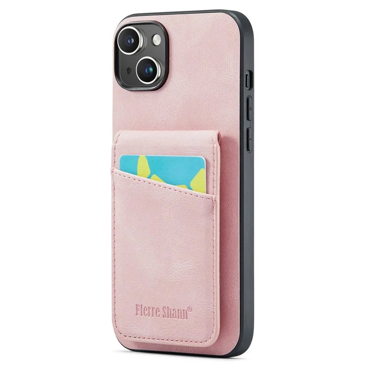 FIERRE SHANN For iPhone 15 Plus Cover RFID Blocking Card Holder PU Leather+TPU Phone Case