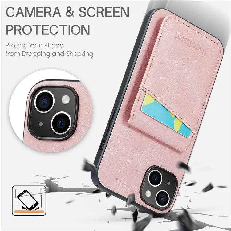 FIERRE SHANN For iPhone 15 Plus Cover RFID Blocking Card Holder PU Leather+TPU Phone Case