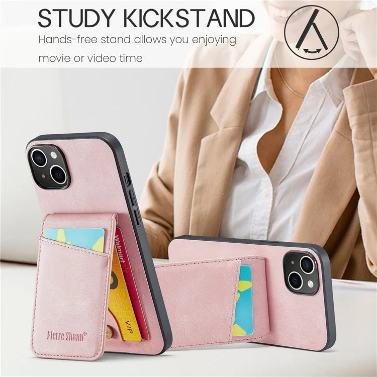 FIERRE SHANN For iPhone 15 Plus Cover RFID Blocking Card Holder PU Leather+TPU Phone Case