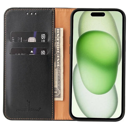 FIERRE SHANN For iPhone 15 Plus Case PU Leather Phone Cover Shockproof Phone Protector