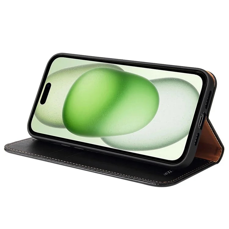FIERRE SHANN For iPhone 15 Plus Case PU Leather Phone Cover Shockproof Phone Protector