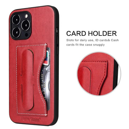 FIERRE SHANN For iPhone 15 Pro Max Card Holder Case PU Leather+TPU+PC Kickstand Phone Cover