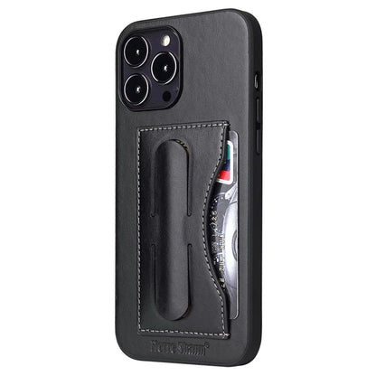 FIERRE SHANN For iPhone 15 Pro Max Card Holder Case PU Leather+TPU+PC Kickstand Phone Cover