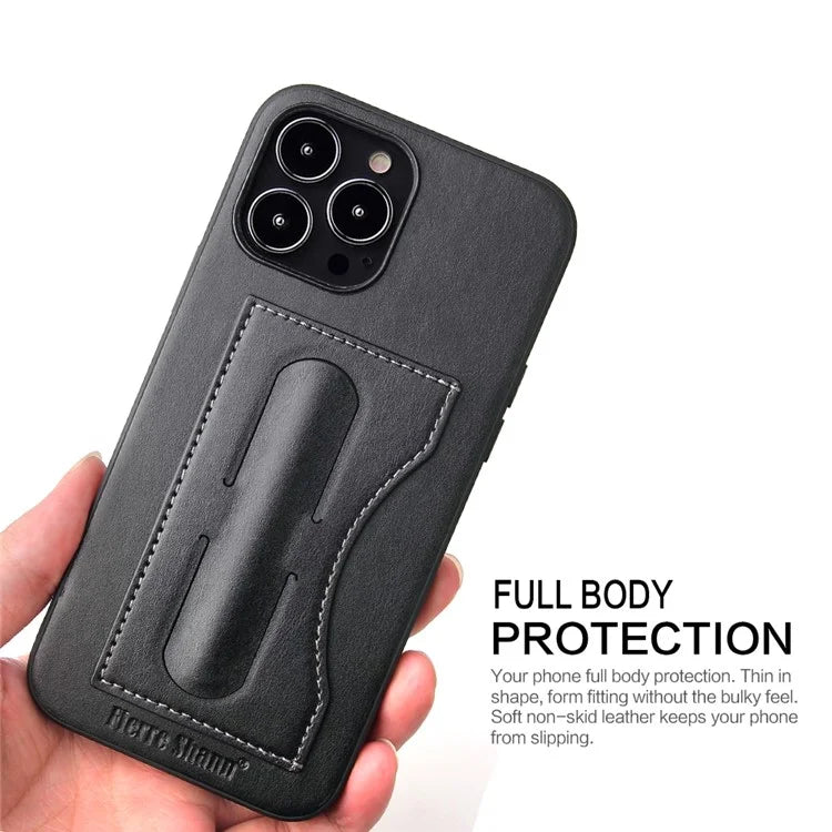 FIERRE SHANN For iPhone 15 Pro Max Card Holder Case PU Leather+TPU+PC Kickstand Phone Cover