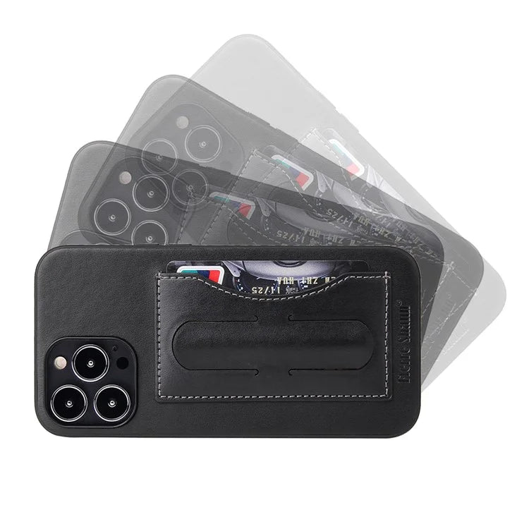 FIERRE SHANN For iPhone 15 Pro Max Card Holder Case PU Leather+TPU+PC Kickstand Phone Cover