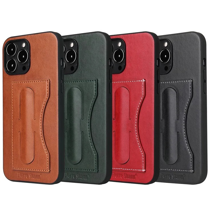 FIERRE SHANN For iPhone 15 Pro Max Card Holder Case PU Leather+TPU+PC Kickstand Phone Cover