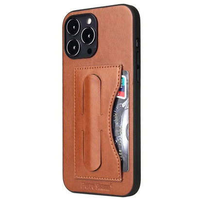 FIERRE SHANN For iPhone 15 Pro Max Card Holder Case PU Leather+TPU+PC Kickstand Phone Cover