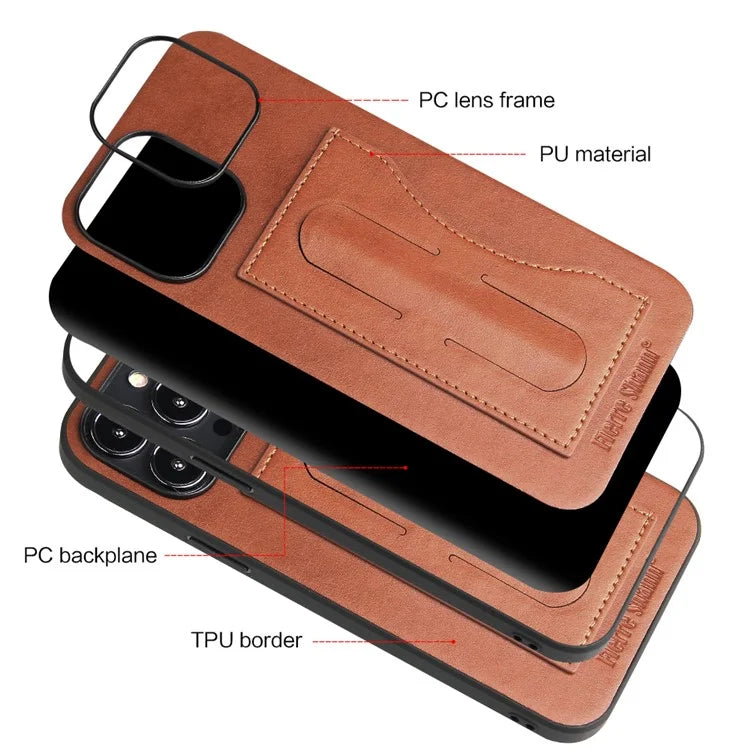 FIERRE SHANN For iPhone 15 Pro Max Card Holder Case PU Leather+TPU+PC Kickstand Phone Cover