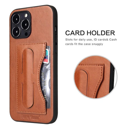FIERRE SHANN For iPhone 15 Pro Max Card Holder Case PU Leather+TPU+PC Kickstand Phone Cover