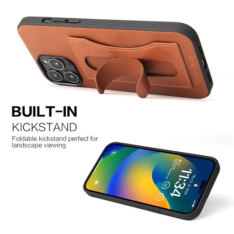 FIERRE SHANN For iPhone 15 Pro Max Card Holder Case PU Leather+TPU+PC Kickstand Phone Cover