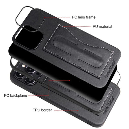 FIERRE SHANN For iPhone 15 Pro Kickstand Cover Card Holder PU Leather Coated Phone Cover