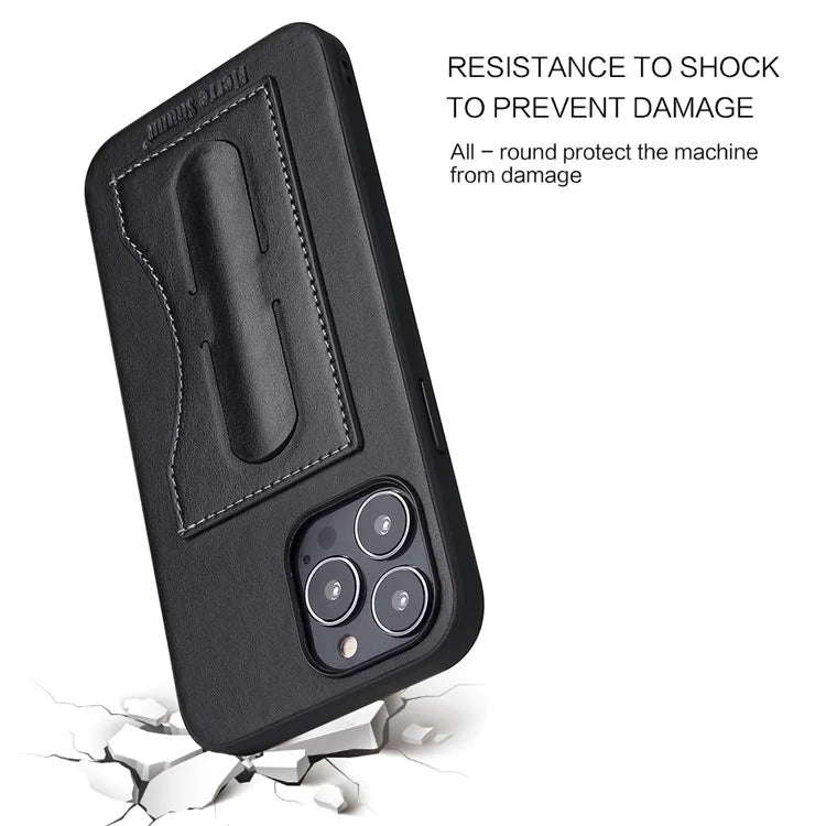 FIERRE SHANN For iPhone 15 Pro Kickstand Cover Card Holder PU Leather Coated Phone Cover