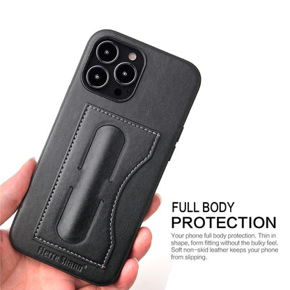 FIERRE SHANN For iPhone 15 Pro Kickstand Cover Card Holder PU Leather Coated Phone Cover