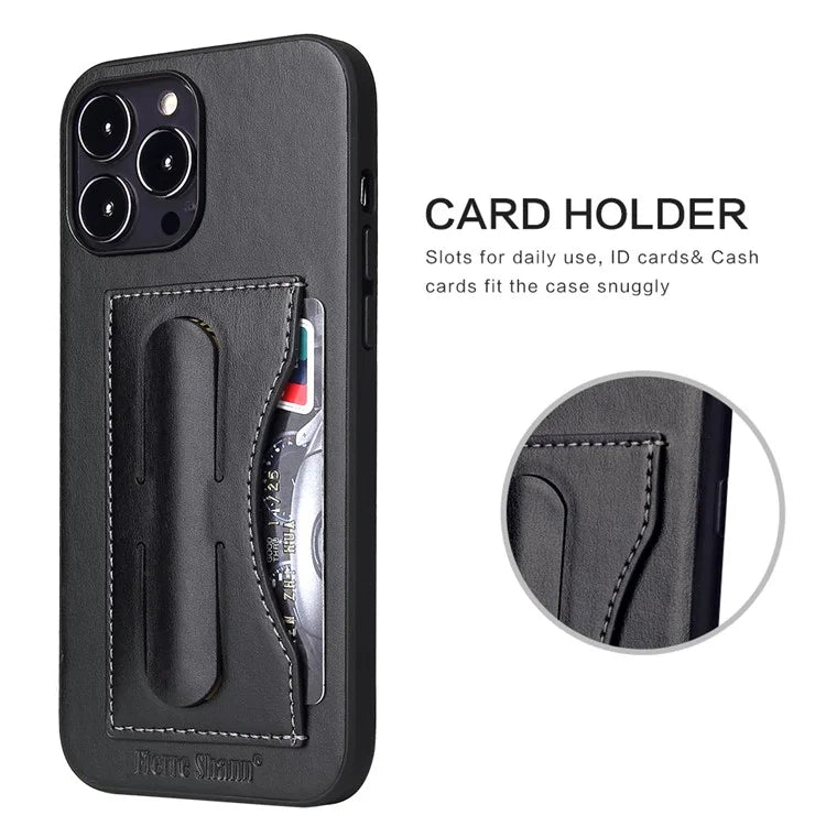 FIERRE SHANN For iPhone 15 Pro Kickstand Cover Card Holder PU Leather Coated Phone Cover