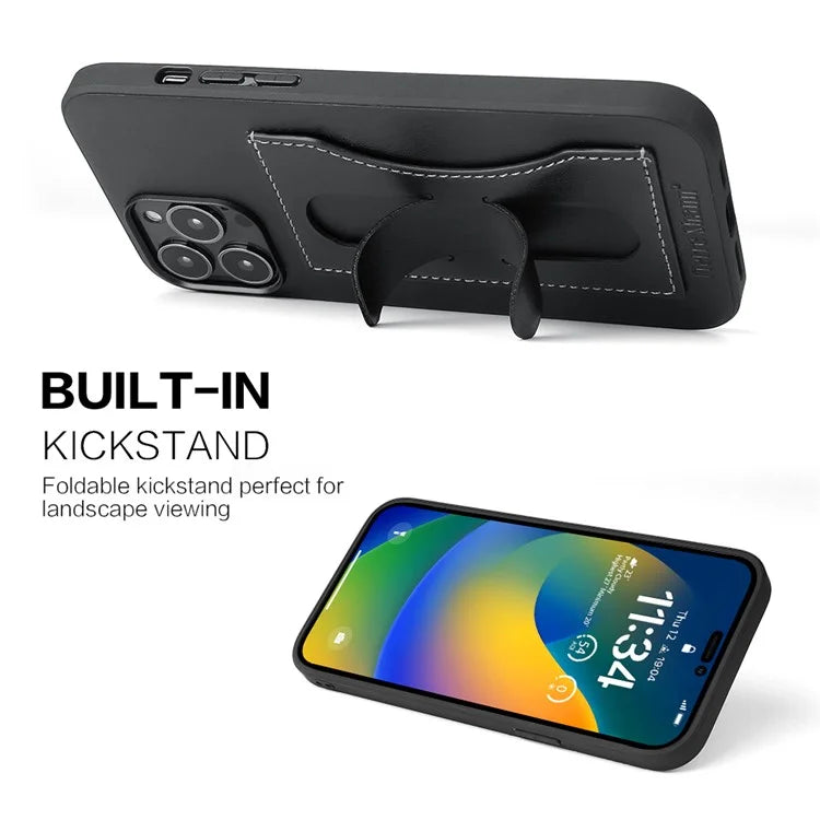 FIERRE SHANN For iPhone 15 Pro Kickstand Cover Card Holder PU Leather Coated Phone Cover