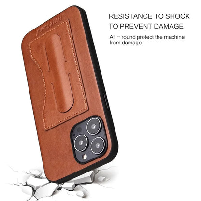 FIERRE SHANN For iPhone 15 Pro Kickstand Cover Card Holder PU Leather Coated Phone Cover