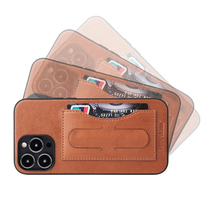 FIERRE SHANN For iPhone 15 Pro Kickstand Cover Card Holder PU Leather Coated Phone Cover