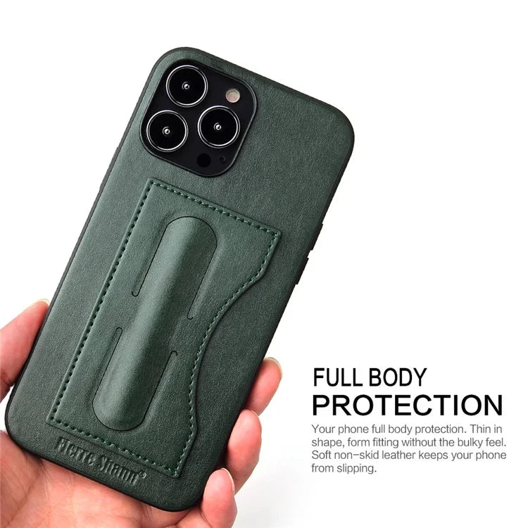 FIERRE SHANN For iPhone 15 Pro Kickstand Cover Card Holder PU Leather Coated Phone Cover