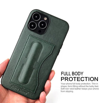 FIERRE SHANN For iPhone 15 Pro Kickstand Cover Card Holder PU Leather Coated Phone Cover