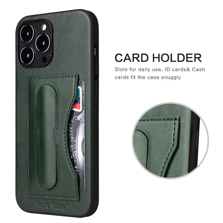 FIERRE SHANN For iPhone 15 Pro Kickstand Cover Card Holder PU Leather Coated Phone Cover