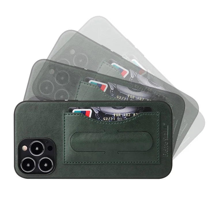FIERRE SHANN For iPhone 15 Pro Kickstand Cover Card Holder PU Leather Coated Phone Cover