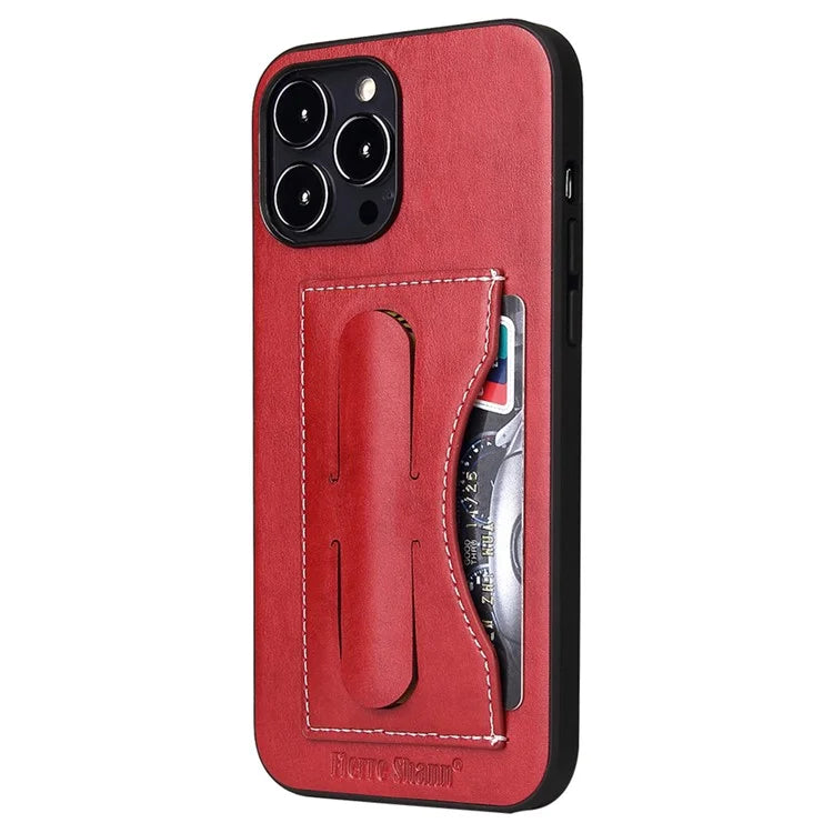 FIERRE SHANN For iPhone 15 Pro Kickstand Cover Card Holder PU Leather Coated Phone Cover