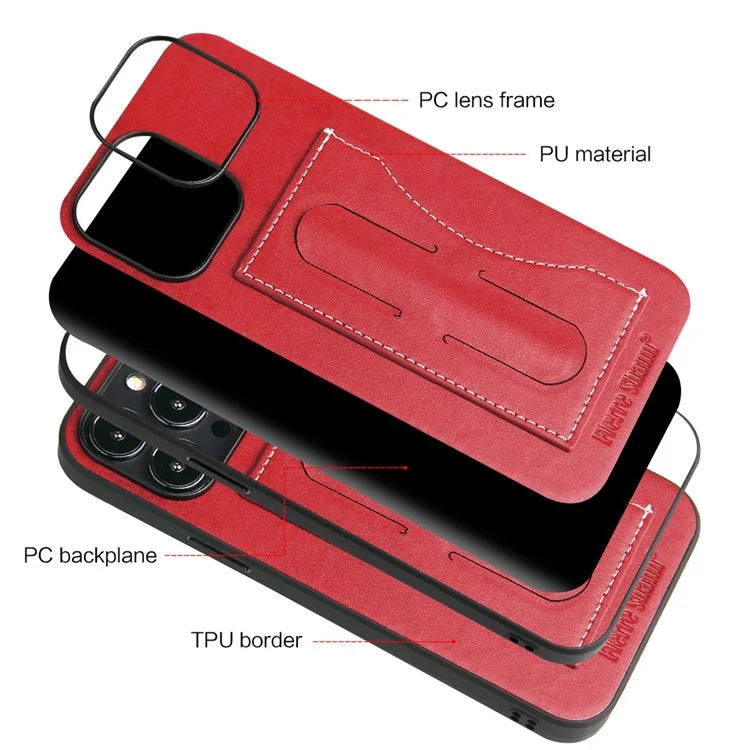 FIERRE SHANN For iPhone 15 Pro Kickstand Cover Card Holder PU Leather Coated Phone Cover