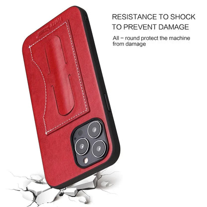 FIERRE SHANN For iPhone 15 Pro Kickstand Cover Card Holder PU Leather Coated Phone Cover
