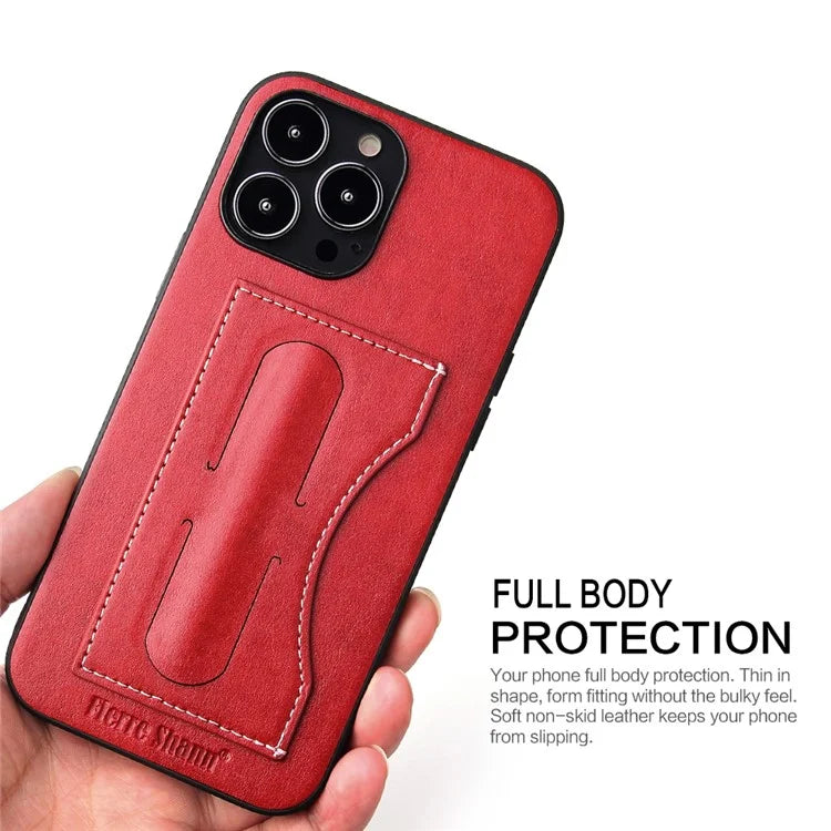 FIERRE SHANN For iPhone 15 Pro Kickstand Cover Card Holder PU Leather Coated Phone Cover
