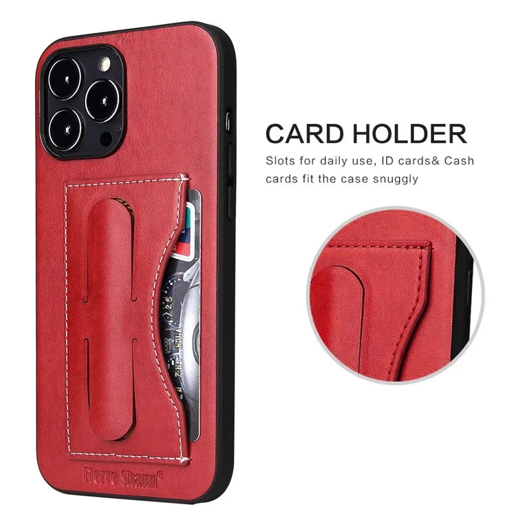 FIERRE SHANN For iPhone 15 Pro Kickstand Cover Card Holder PU Leather Coated Phone Cover