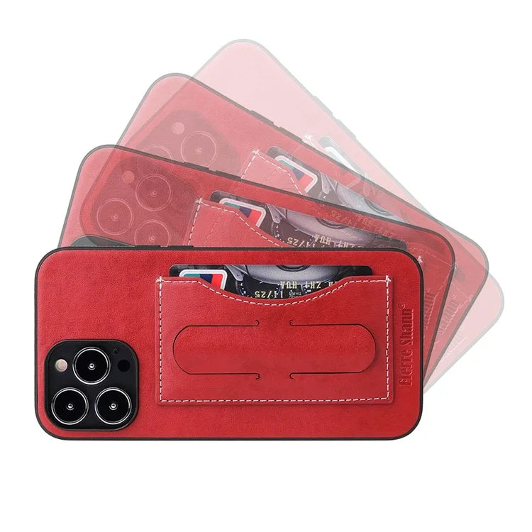 FIERRE SHANN For iPhone 15 Pro Kickstand Cover Card Holder PU Leather Coated Phone Cover