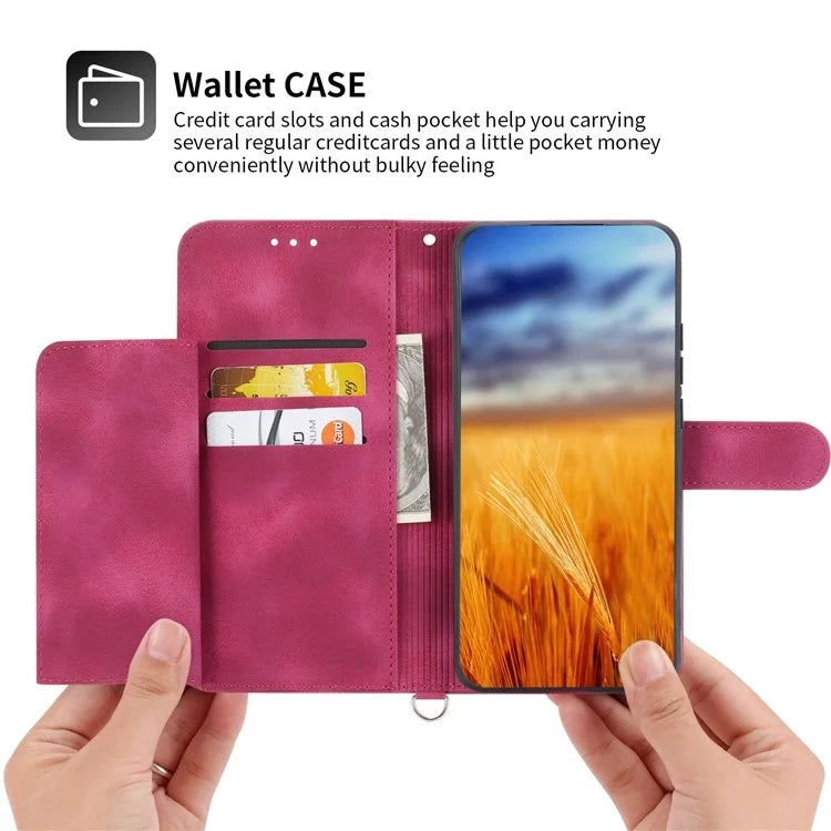 For Oppo A58 4G Case Wallet Skin-touch Phone Cover with Hand Strap + Shoulder Strap