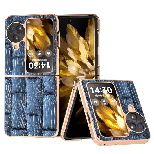 For Oppo Find N3 Flip 5G Case Mahjong Texture Genuine Cow Leather + PC Electroplated Phone Cover