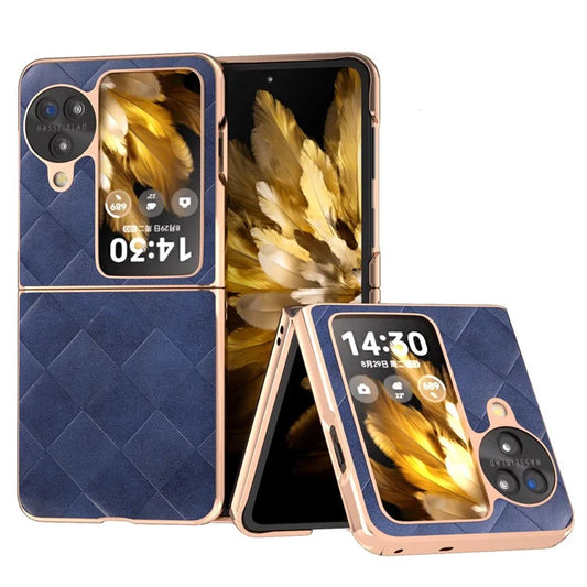 For Oppo Find N3 Flip 5G Case PU Leather + PC Grid Texture Electroplating Cover