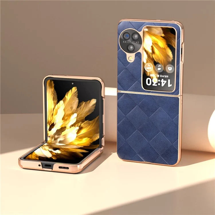 For Oppo Find N3 Flip 5G Case PU Leather + PC Grid Texture Electroplating Cover