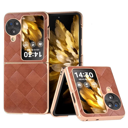 For Oppo Find N3 Flip 5G Case PU Leather + PC Grid Texture Electroplating Cover