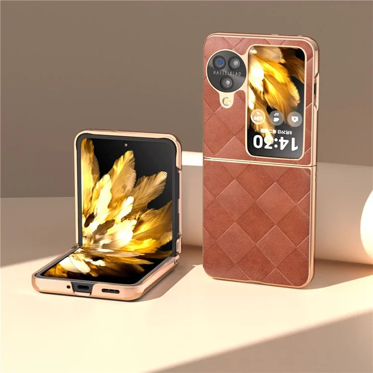 For Oppo Find N3 Flip 5G Case PU Leather + PC Grid Texture Electroplating Cover