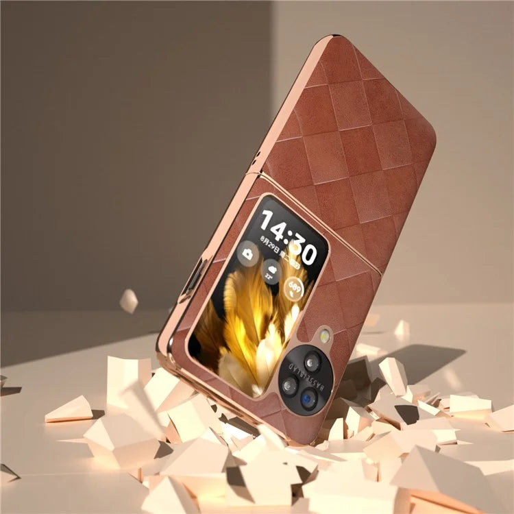 For Oppo Find N3 Flip 5G Case PU Leather + PC Grid Texture Electroplating Cover