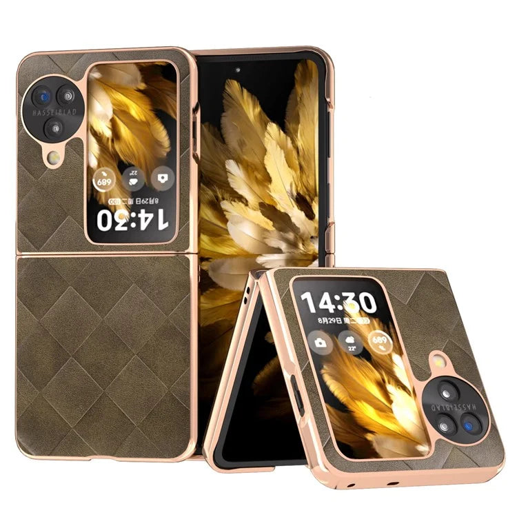 For Oppo Find N3 Flip 5G Case PU Leather + PC Grid Texture Electroplating Cover