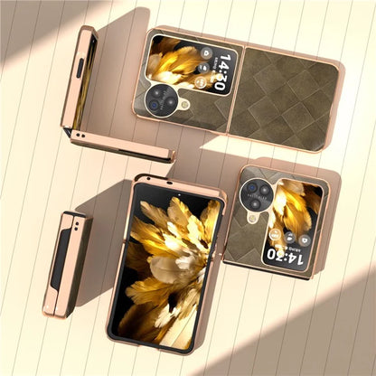 For Oppo Find N3 Flip 5G Case PU Leather + PC Grid Texture Electroplating Cover
