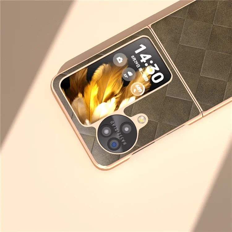 For Oppo Find N3 Flip 5G Case PU Leather + PC Grid Texture Electroplating Cover