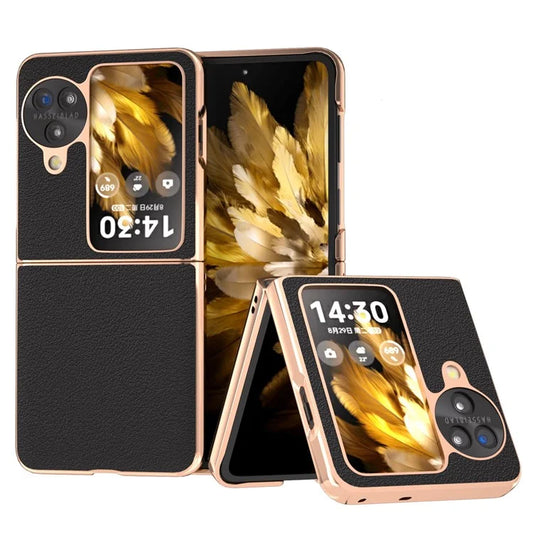 For Oppo Find N3 Flip 5G Case Genuine Cow Leather+PC Electroplated Phone Protective Cover